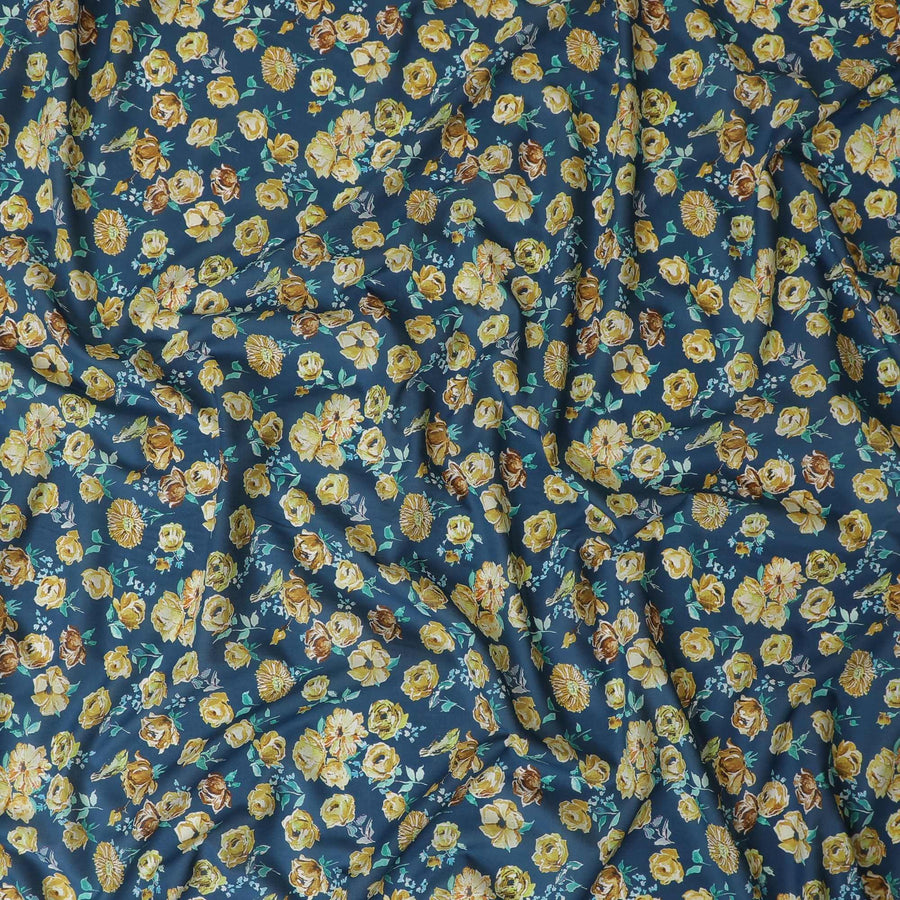 Turkish blue Premium Spanish 100% Cotton with sea green, off white and mustrad yellow print in floral design-D9236 Regal Fabrics