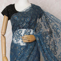 Steel blue, gold Premium pure French metallic chantilly lace saree in floral design-D15548 Regal Fabrics