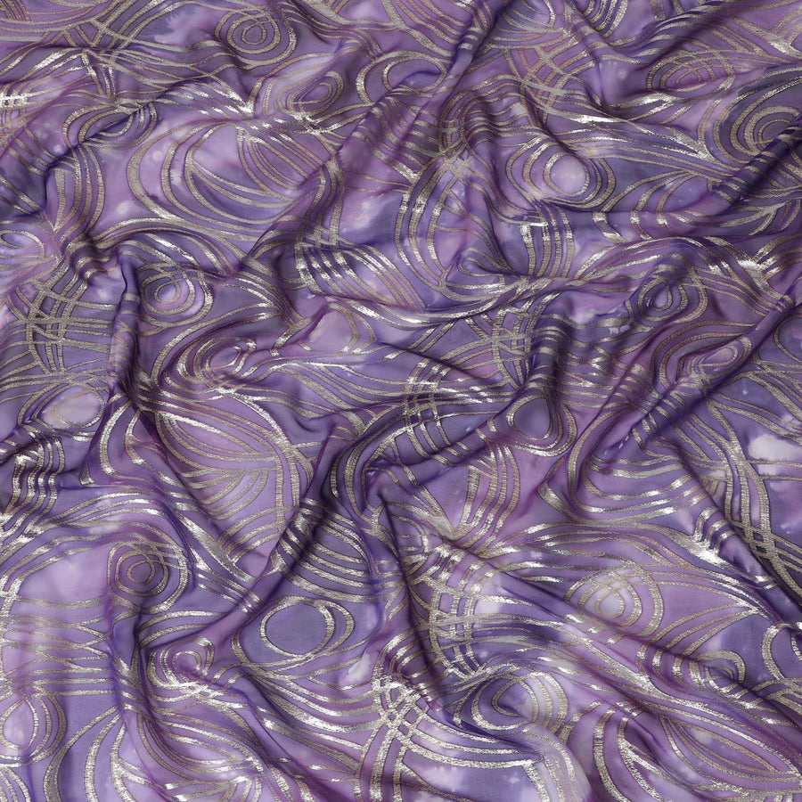 قماش شيفون من الحرير الخالص متعدد الألوان مع لوريكس معدني ذهبي بتصميم تجريدي-D14077