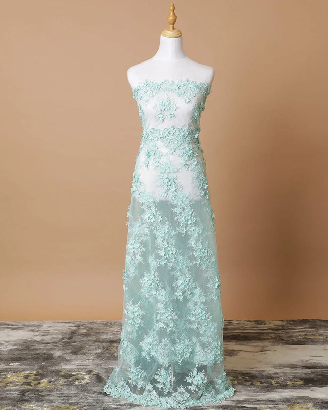 Powder blue nylon tulle fabric with same tone embroidery, pearls having turquoise green 3d flowers in floral design-D7743 Regal Fabrics