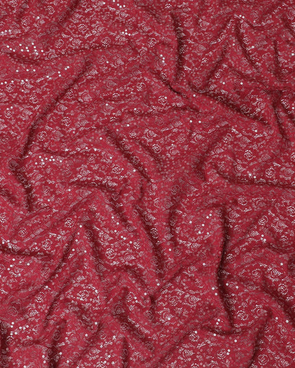 Maroon nylon soft tulle fabric with same tone embroidery having sequins in fancy design-D11675