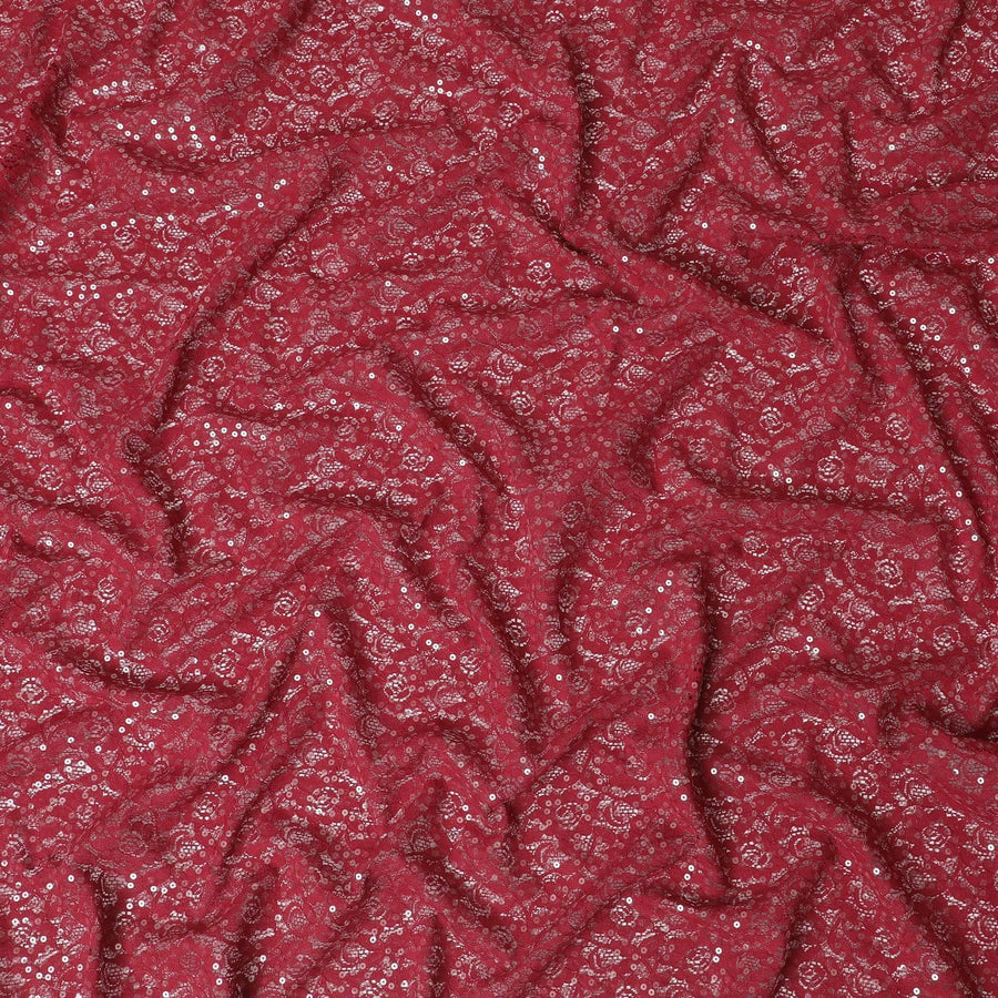 Maroon nylon soft tulle fabric with same tone embroidery having sequins in fancy design-D11675 Regal Fabrics