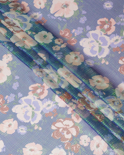 قماش شيفون حريري نقي فاخر باللون الأزرق الملكي مع طباعة متعددة الألوان مع لوريكس معدني أخضر نيون بتصميم زهور-D14655