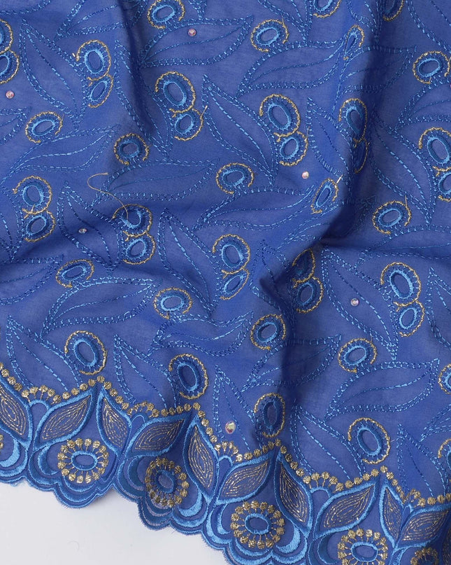 Royal blue Premium pure 100% Swiss cotton voile (Sudanese Thobe) fabric with same tone and gold embroidery having stone work in fancy design-D13796