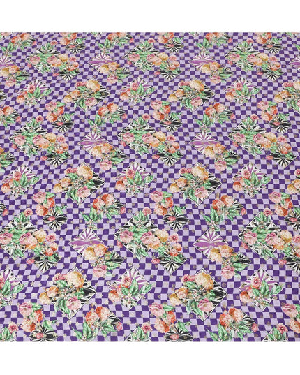 Light lavender, purple Premium pure Italian silk satin fabric with multicolor print having gold metallic lurex in floral design-D10592