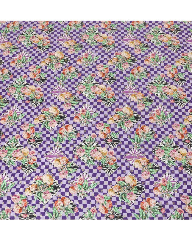 Light lavender, purple Premium pure Italian silk satin fabric with multicolor print having gold metallic lurex in floral design-D10592