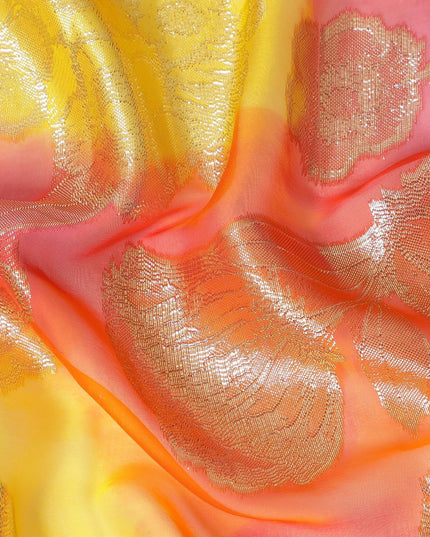 قماش شيفون حريري فرنسي (فرنساوي) فاخر متعدد الألوان مع لوركس معدني ذهبي بتصميم زهور-D14013