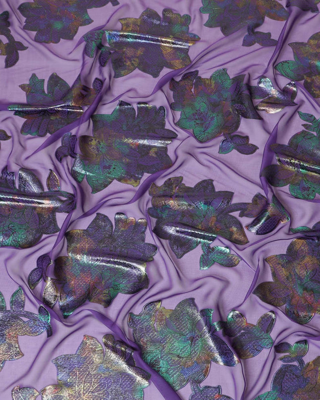Purple silk chiffon fabric with multicolor metallic lurex in floral design-D8793