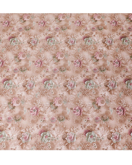 Brown synthetic crepe fabric with multicolor print having stone work in floral design-D15310