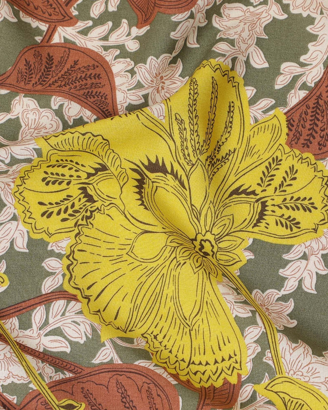 Moss green Premium Italian viscose fabric with multicolor print in floral design-D12524 Regal Fabrics