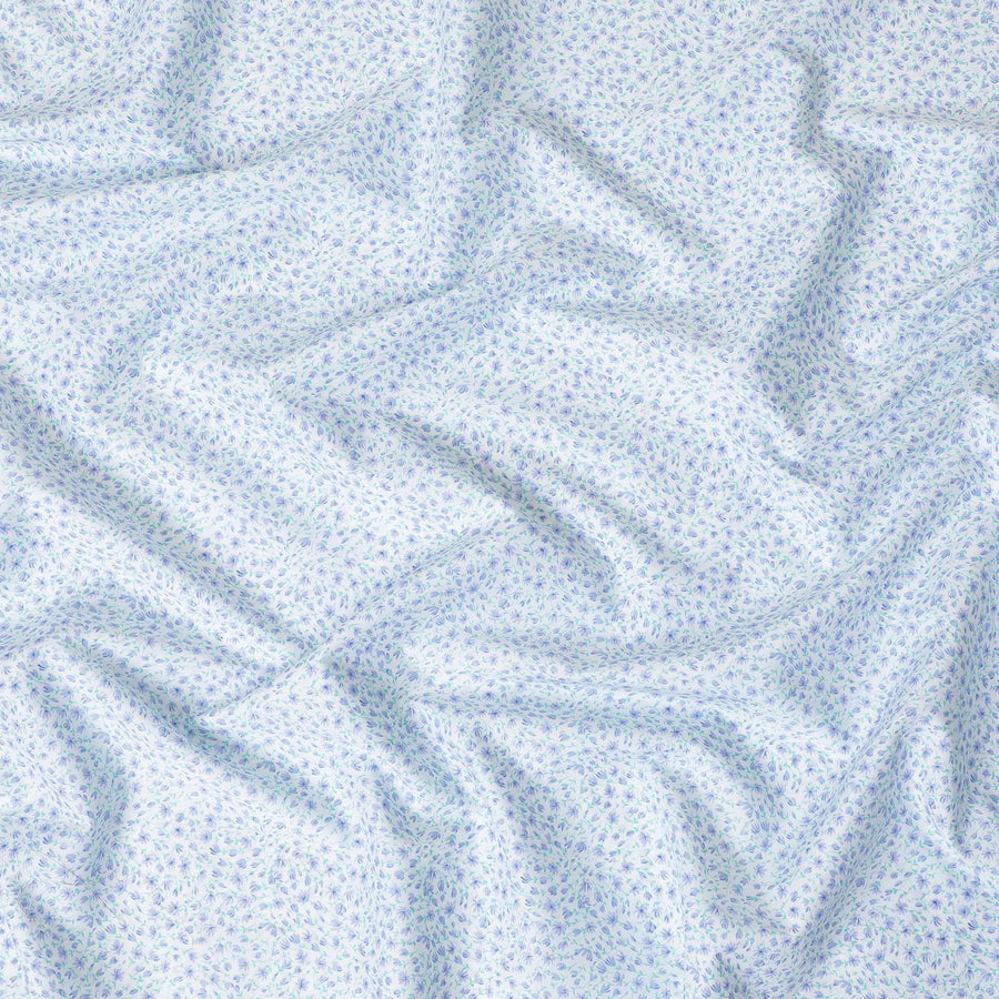 White 100% Swiss cotton lawn fabric with turquoise green and lavender print in floral design-D10102