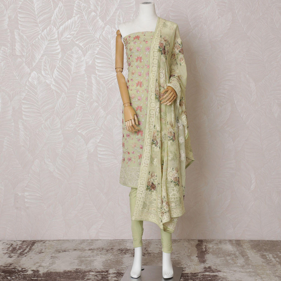 Sea green Premium pure silk crepe kameez with multicolor embroidery in floral design. Sea green plain salwar having same tone printed embroidery dupatta-D14995