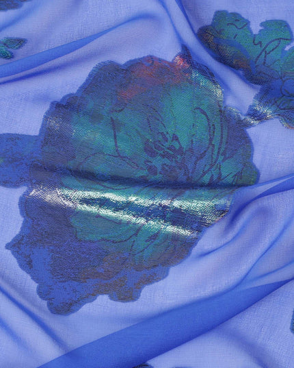 قماش شيفون حريري نقي فاخر باللون الأزرق الملكي مع لوركس معدني متعدد الألوان بتصميم زهور -D9698