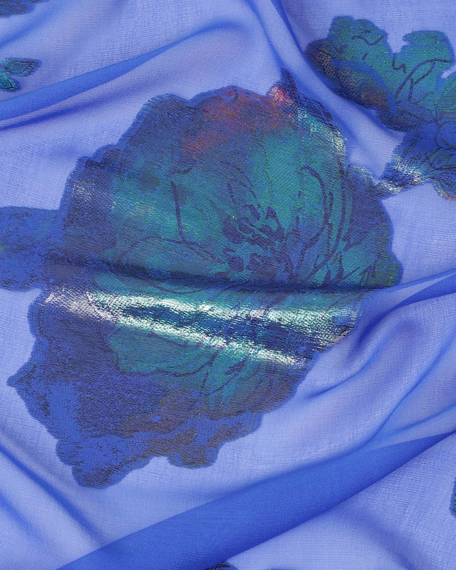 قماش شيفون حريري نقي فاخر باللون الأزرق الملكي مع لوركس معدني متعدد الألوان بتصميم زهور -D9698