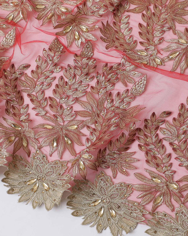 Crimson red nylon tulle fabric with gold embroidery having stone work in Leaf design-D11732 Regal Fabrics