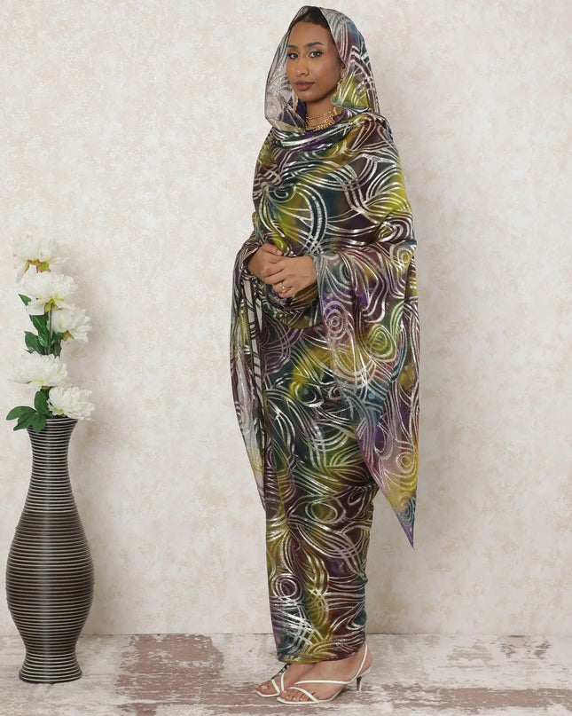 Multicolor Premium pure silk chiffon thobe with gold metallic lurex in abstract design-D14396 Regal Fabrics