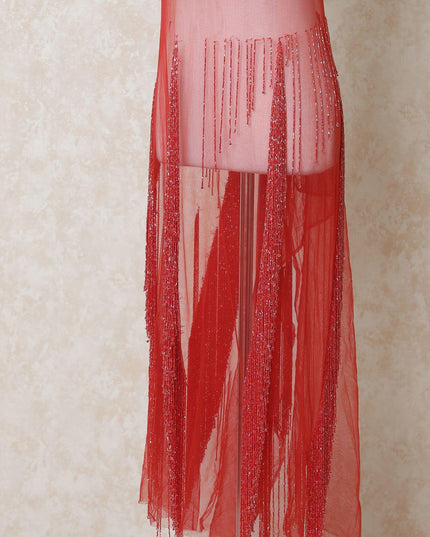 Crimson red nylon tulle fabric with same tone bead work in fancy design-D14100