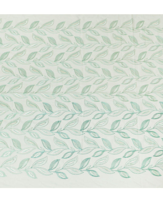 قماش فوال من القطن الخالص الفاخر باللون الأخضر النعناعي وتطريز باللونين الأخضر والبيج بتصميم أوراق الشجر-D15238