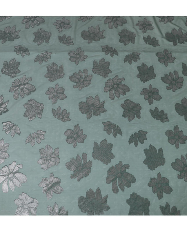 قماش من الشيفون الحريري الإيطالي الخالص باللون الأخضر الزجاجي مع لوركس معدني نحاسي وفضي بتصميم زهور-D10796