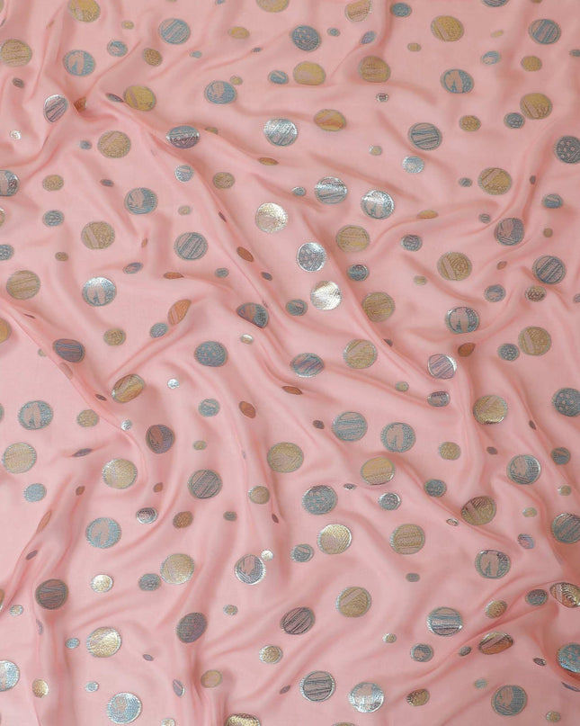 قماش شيفون من الحرير الخالص الفاخر باللون الوردي مع لوريكس معدني باللونين الأزرق والذهبي بتصميم هندسي -D9117