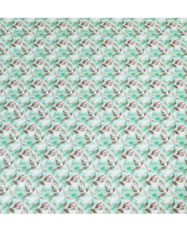 Off white cotton satin fabric with turquoise green and brown print in floral design-D15458 Regal Fabrics