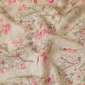 Latte beige viscose fabric with olive green and baby pink print having gold laminated stone work in floral design-D9267
