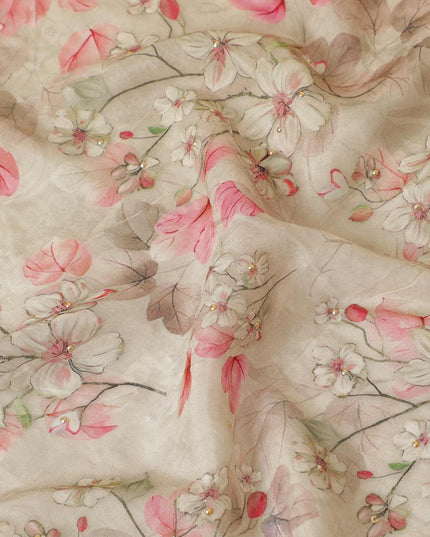 Latte beige viscose fabric with olive green and baby pink print having gold laminated stone work in floral design-D9267