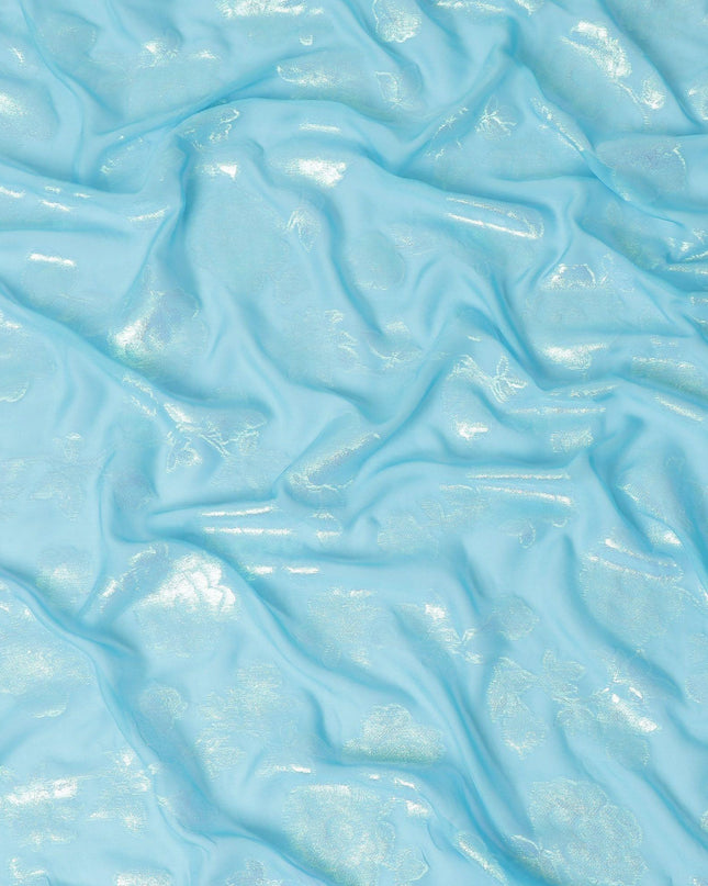 قماش شيفون من الحرير الخالص باللون الأزرق السماوي بنفس اللون والوركس المعدني باللون الأخضر النيون بتصميم الأزهار-D13893