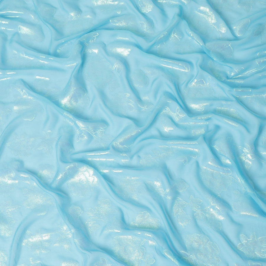 Sky blue Premium pure silk chiffon fabric with same tone and neon green metallic lurex in floral design-D13893