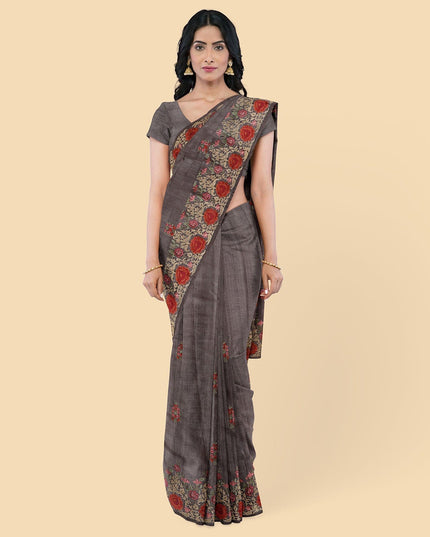 ساري حرير توسار باللون البني مع تطريز متعدد الألوان بتصميم زهور-D12796