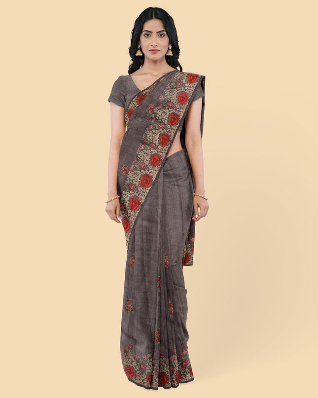 ساري حرير توسار باللون البني مع تطريز متعدد الألوان بتصميم زهور-D12796