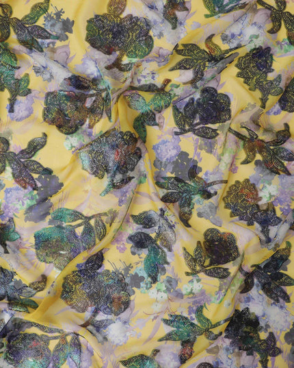 Sunflower yellow premium pure silk chiffon fabric with multicolor print and metallic lurex in floral design-D13237