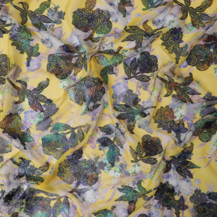 Sunflower yellow premium pure silk chiffon fabric with multicolor print and metallic lurex in floral design-D13237