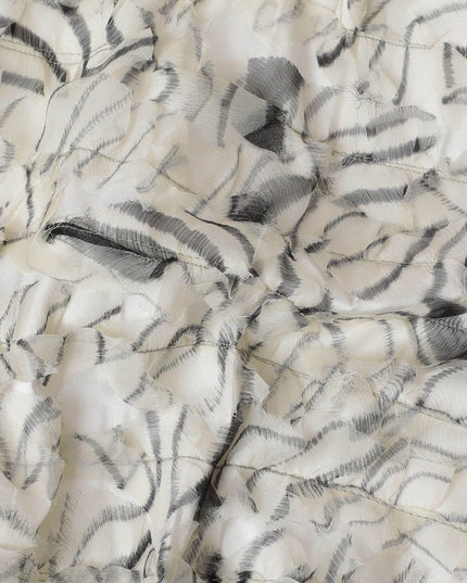 Off white synthetic chiffon fabric with beige and black fancy embroidery in stripe design-D11769