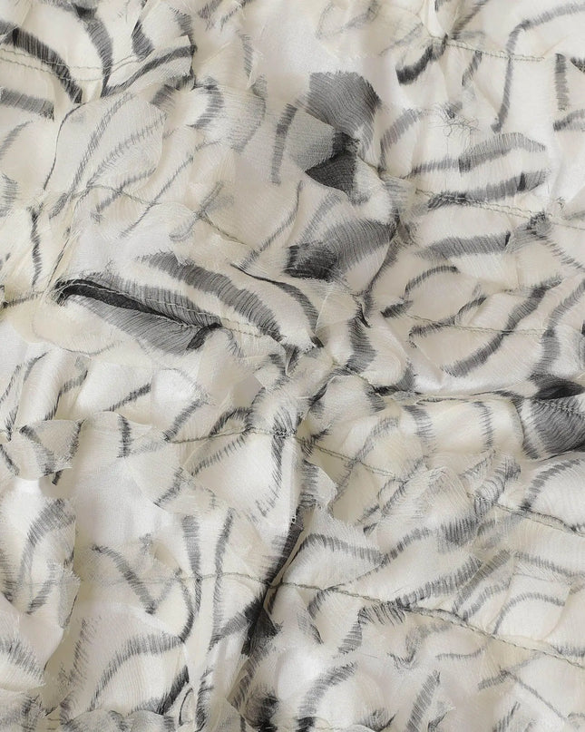 Off white synthetic chiffon fabric with beige and black fancy embroidery in stripe design-D11769 Regal Fabrics