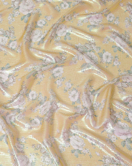 قماش شيفون من الحرير الخالص الفاخر باللون الأصفر الخردلي مع طباعة متعددة الألوان مع لوريكس معدني أخضر نيون بتصميم زهور-D15464