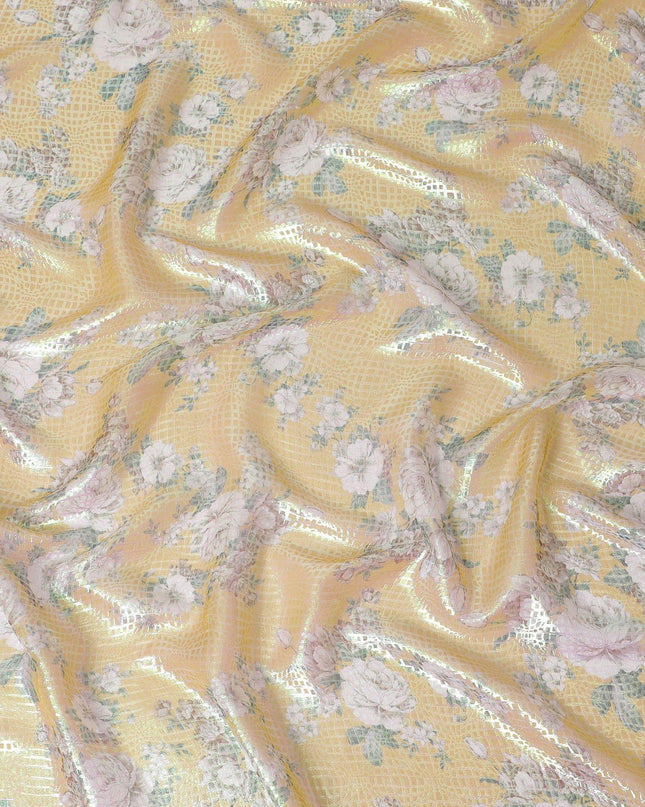قماش شيفون من الحرير الخالص الفاخر باللون الأصفر الخردلي مع طباعة متعددة الألوان مع لوريكس معدني أخضر نيون بتصميم زهور-D15464