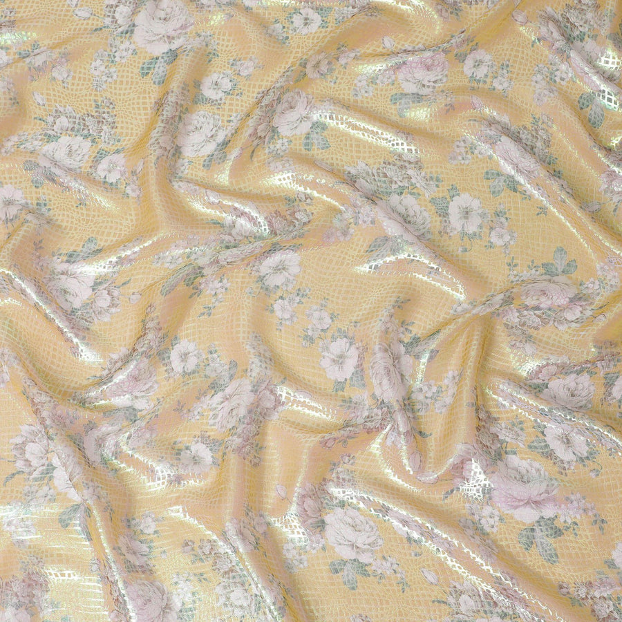 قماش شيفون من الحرير الخالص الفاخر باللون الأصفر الخردلي مع طباعة متعددة الألوان مع لوريكس معدني أخضر نيون بتصميم زهور-D15464