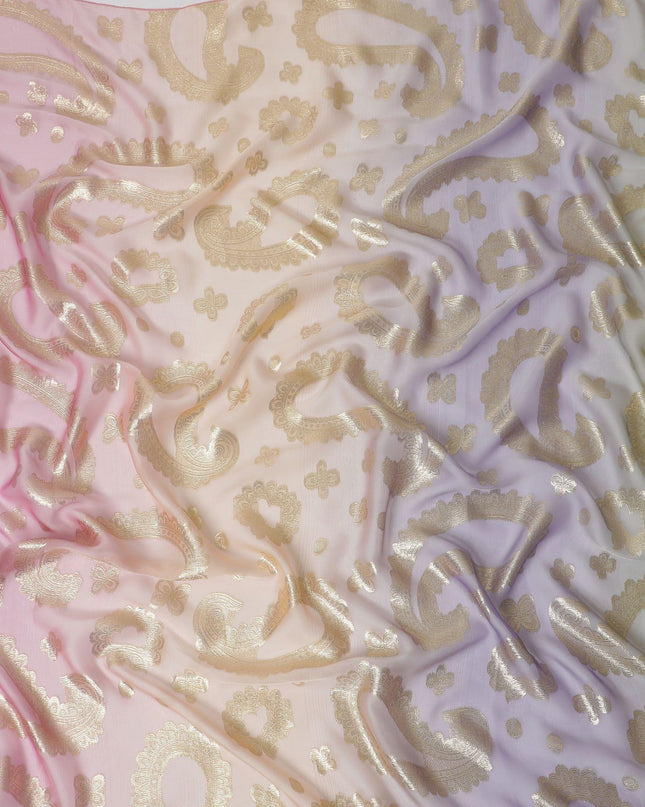 قماش شيفون حريري فرنسي (فرنساوي) فاخر متعدد الألوان مع لوركس معدني ذهبي بتصميم بيزلي-D12723