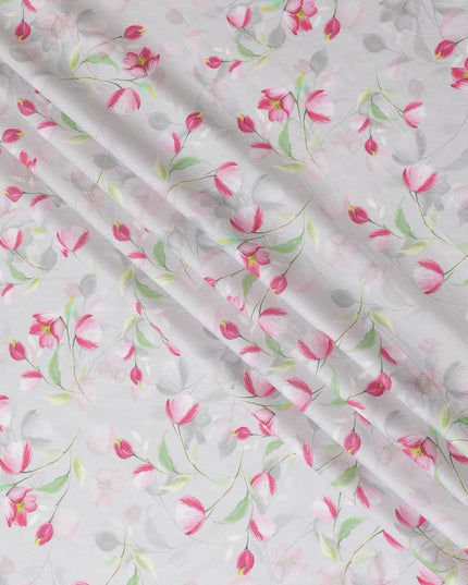 Pearl grey cotton satin fabric with multicolor print in floral design-D15277 - Regal Fabrics