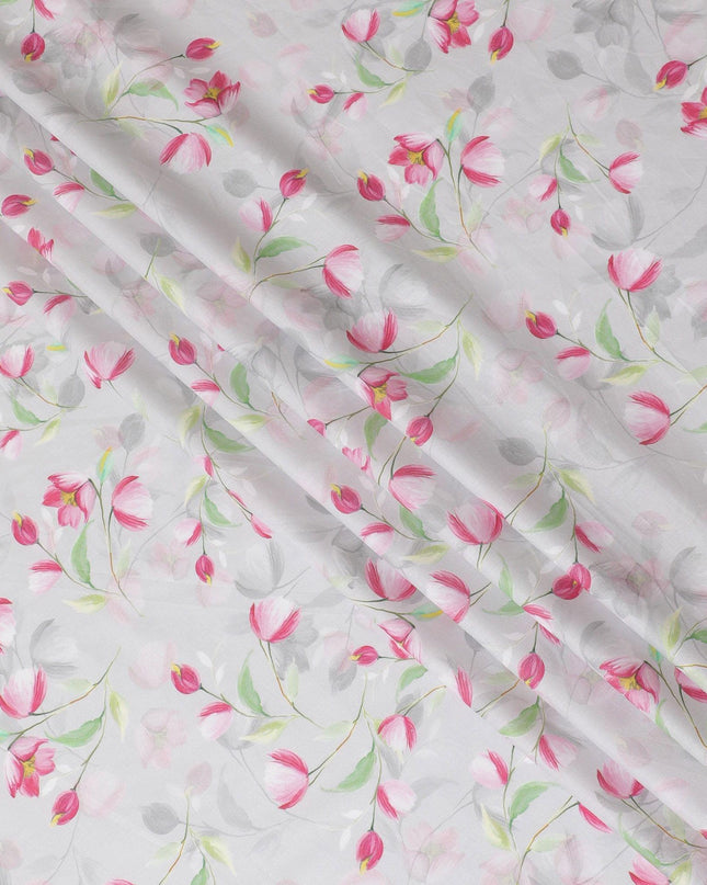 قماش ساتان قطني باللون الرمادي اللؤلؤي مع طباعة متعددة الألوان بتصميم زهور-D15277