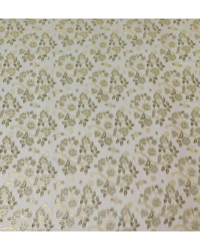 قماش شيفون حريري خالص زيتوني، بني بنفس اللون، فيسكوز أسود به لوركس معدني ذهبي بتصميم زهور - D14124