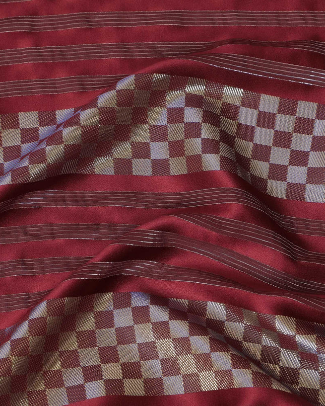Maroon synthetic crepe fabric with gold metallic lurex weave in stripe design-D15383