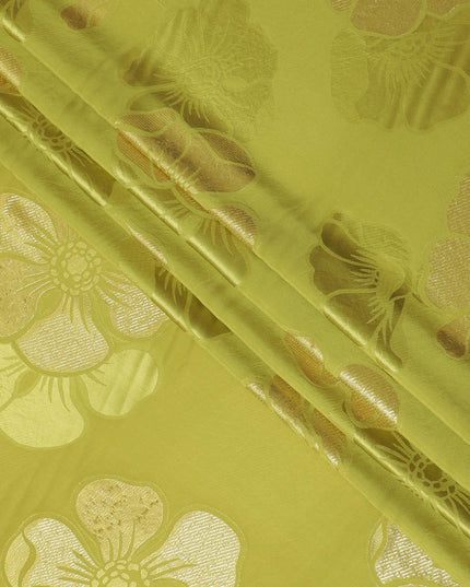 Mehindi green Premium pure silk crepe fabric with same tone jacquard and gold metallic lurex in floral design-D14630