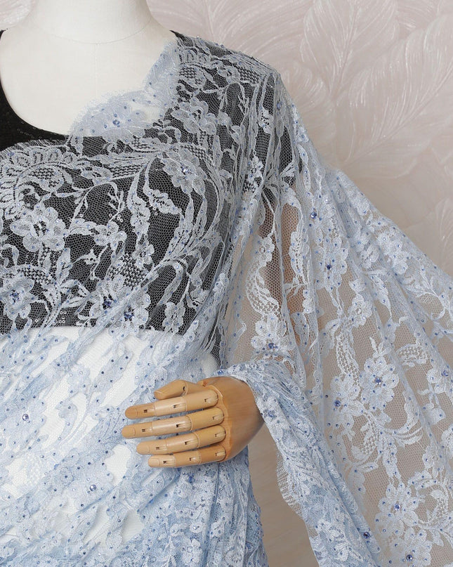 Baby blue Premium pure French chantilly lace saree having stone work in floral design-D14600