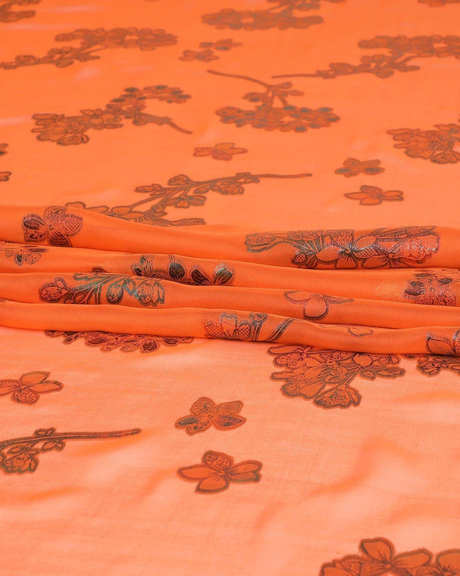 قماش شيفون حريري خالص برتقالي فاخر مع لوركس معدني متعدد الألوان بتصميم زهور -D9661