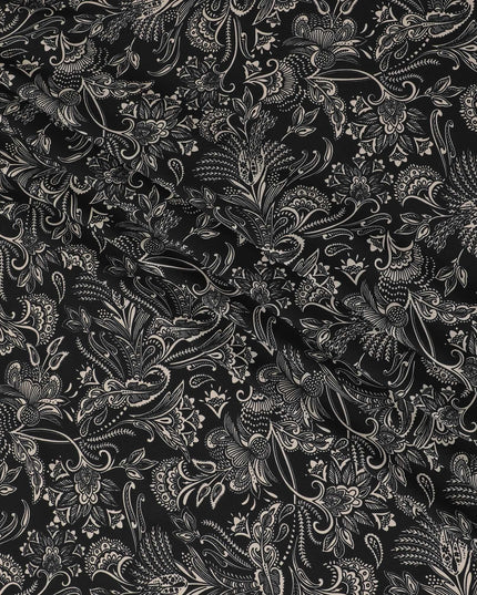 Black viscose crepe printed fabric with white prints in floral design-D11170