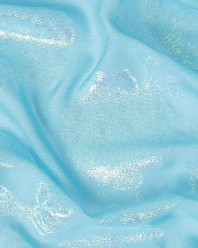 قماش شيفون من الحرير الخالص باللون الأزرق السماوي بنفس اللون والوركس المعدني باللون الأخضر النيون بتصميم الأزهار-D13893