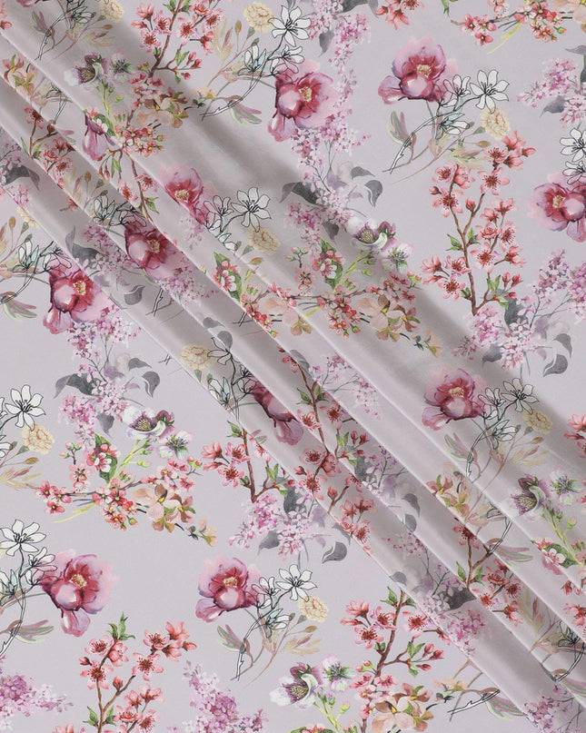 Light lilac synthetic crepe fabric with multicolor print in floral design-D14459