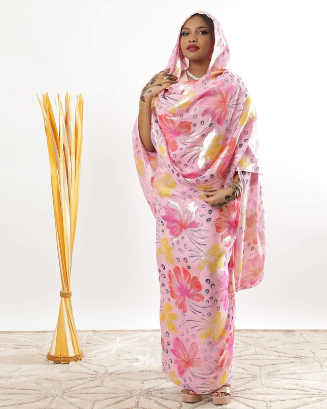 Flamingo pink Premium silk chiffon Thobe with orange, hot pink, Air force blue, mustard yellow print having gold and silver metallic lurex in floral design-D6554 Regal Fabrics